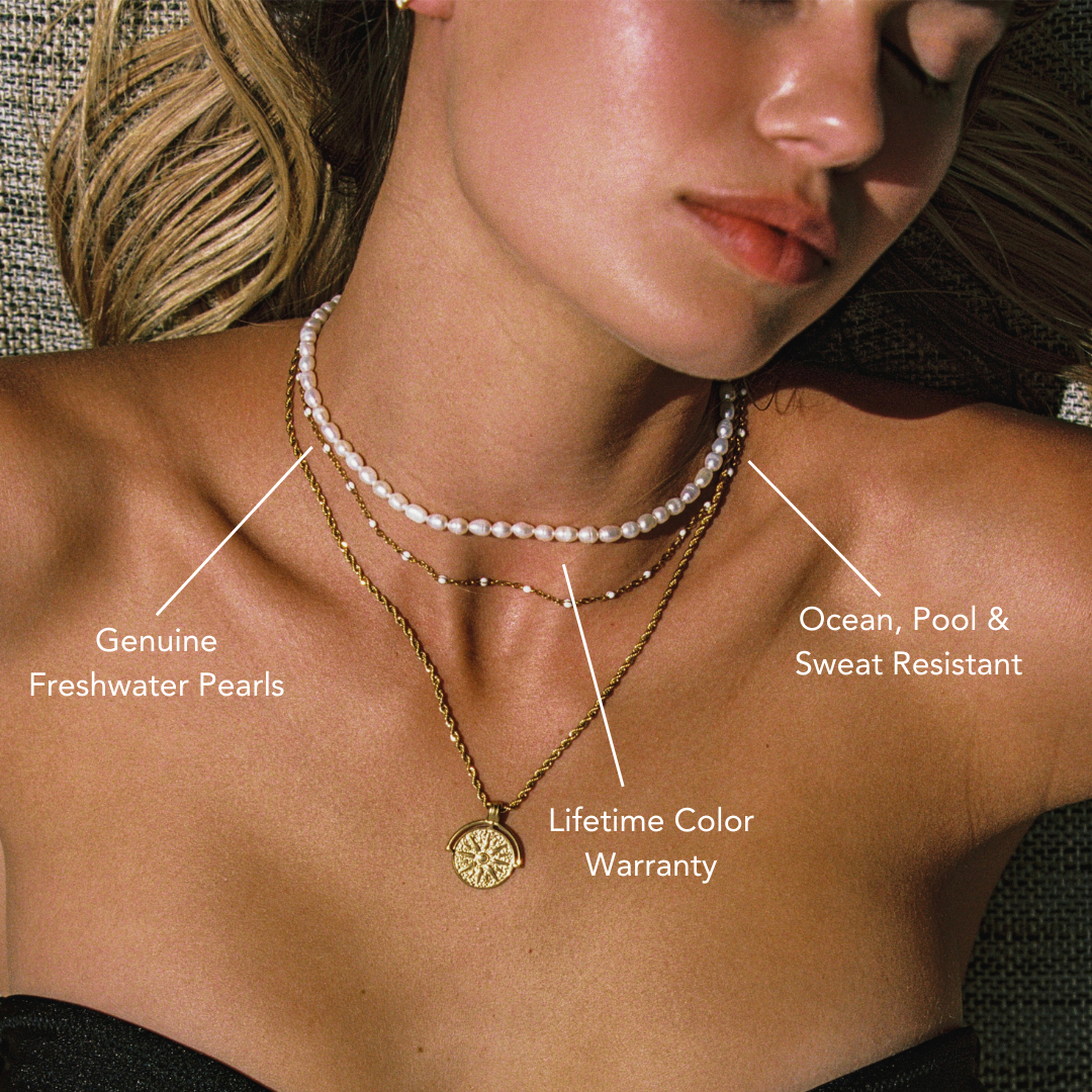 Damen Perlen Choker Gold mit echten Süßwasserperlen Edelstahl wasserfest verstellbare Halskette