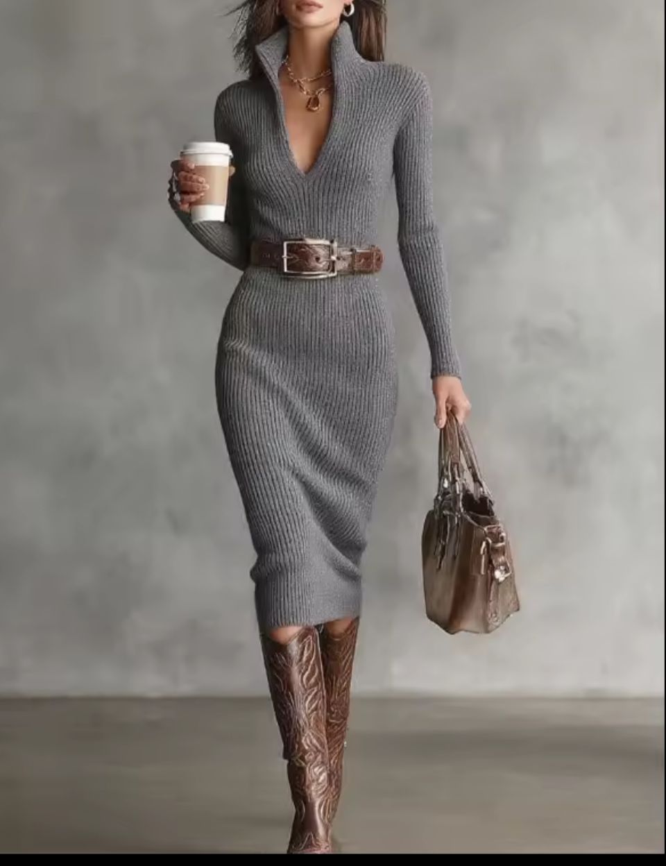 Damen Midikleid gerippt figurbetonter Reißverschluss Gürtel elastisch elegant