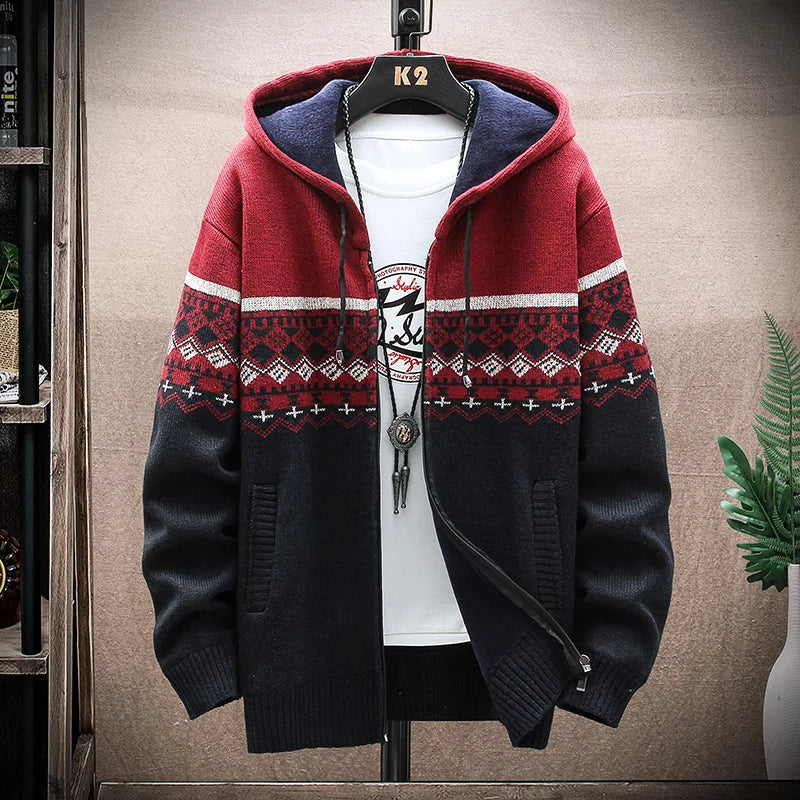 Herren Hoodie karierter Reißverschluss warmes Fleece mit Kapuze bequem