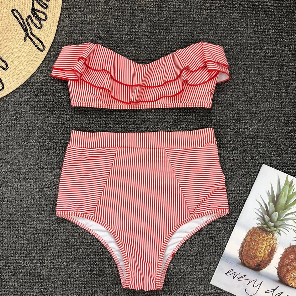 Damen High Waist Bandeau Push-Up Bikini-Set gestreift mit Rüschen, sexy Bademode für Schwimmen und Strand