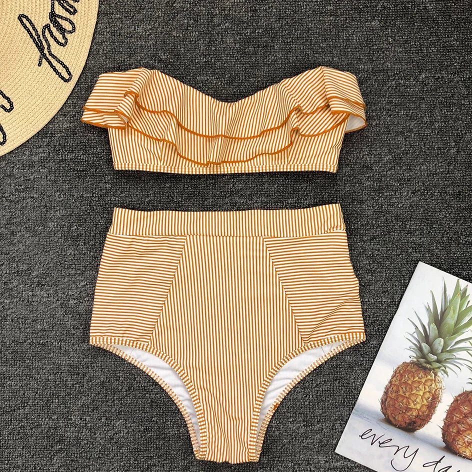 Damen High Waist Bandeau Push-Up Bikini-Set gestreift mit Rüschen, sexy Bademode für Schwimmen und Strand