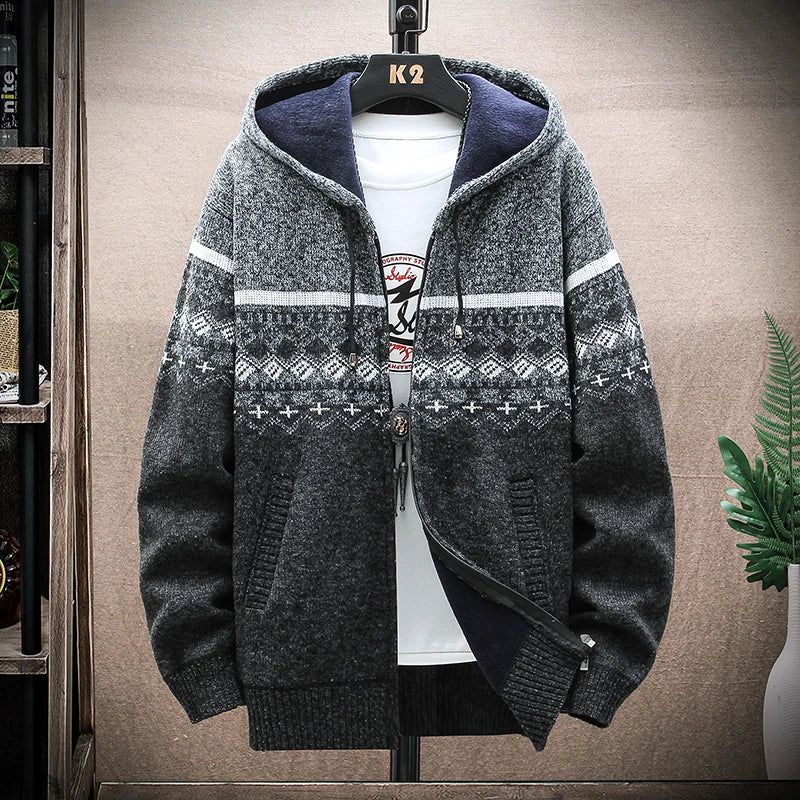 Herren Hoodie karierter Reißverschluss warmes Fleece mit Kapuze bequem