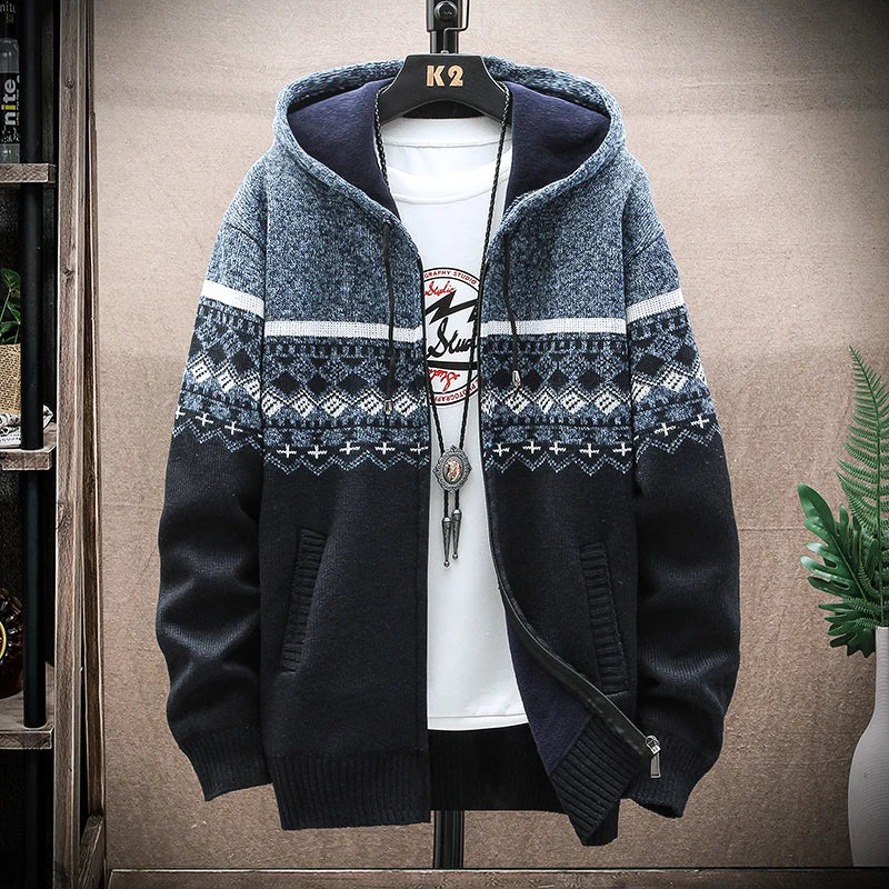 Herren Hoodie karierter Reißverschluss warmes Fleece mit Kapuze bequem
