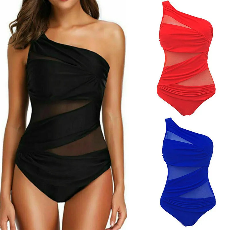 Damen Plus-Size Badeanzug One-Shoulder Schwarz Rot Blau Push-Up Mesh