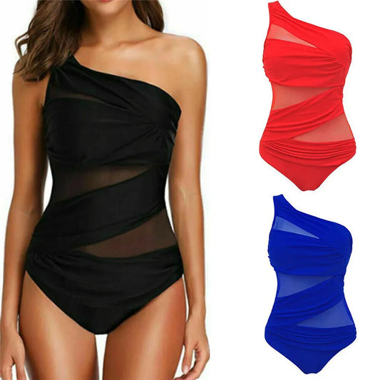 Damen Plus-Size Badeanzug One-Shoulder Schwarz Rot Blau Push-Up Mesh