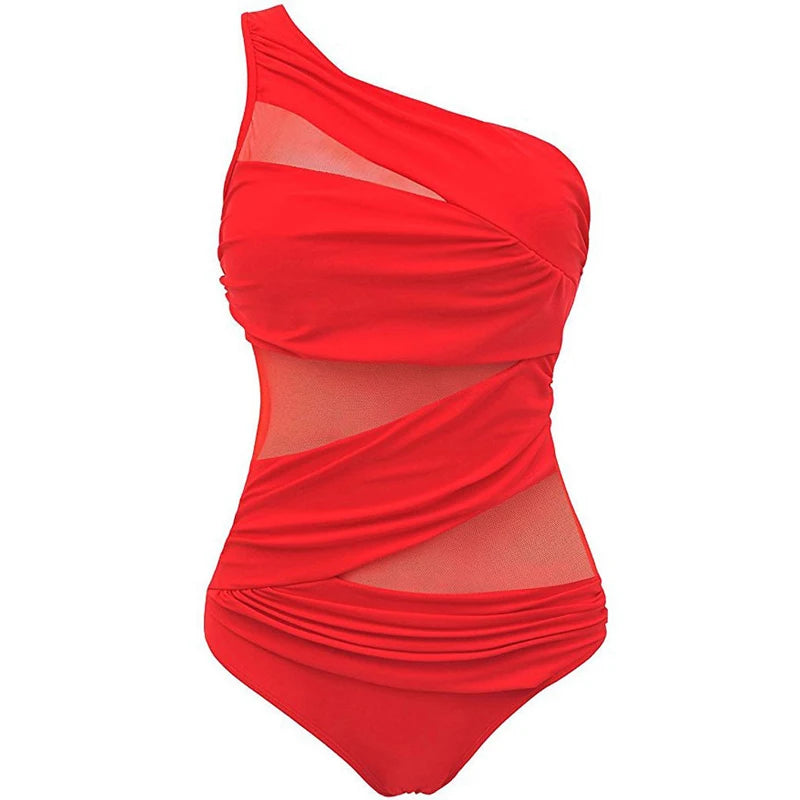 Damen Plus-Size Badeanzug One-Shoulder Schwarz Rot Blau Push-Up Mesh