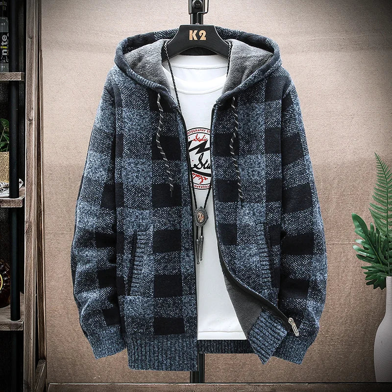 Herren Hoodie karierter Reißverschluss warmes Fleece mit Kapuze bequem