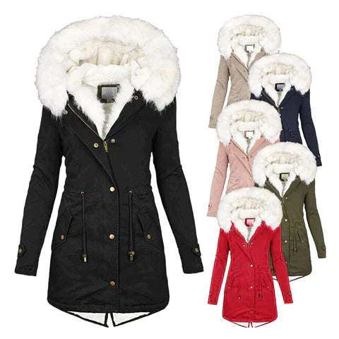 Damen Wintermantel Regular Fit Kapuze Tailliert Warm Gefüttert Winddicht Elegant Freizeit Outdoor