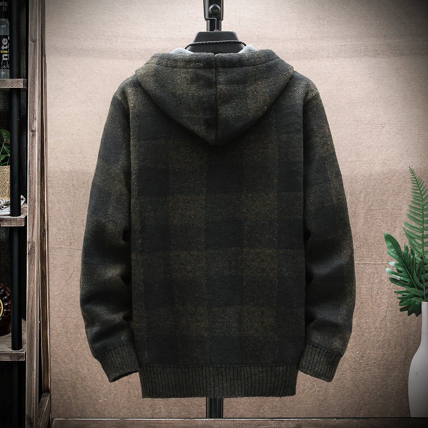 Herren Hoodie karierter Reißverschluss warmes Fleece mit Kapuze bequem
