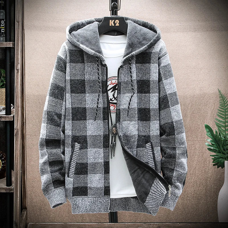 Herren Hoodie karierter Reißverschluss warmes Fleece mit Kapuze bequem