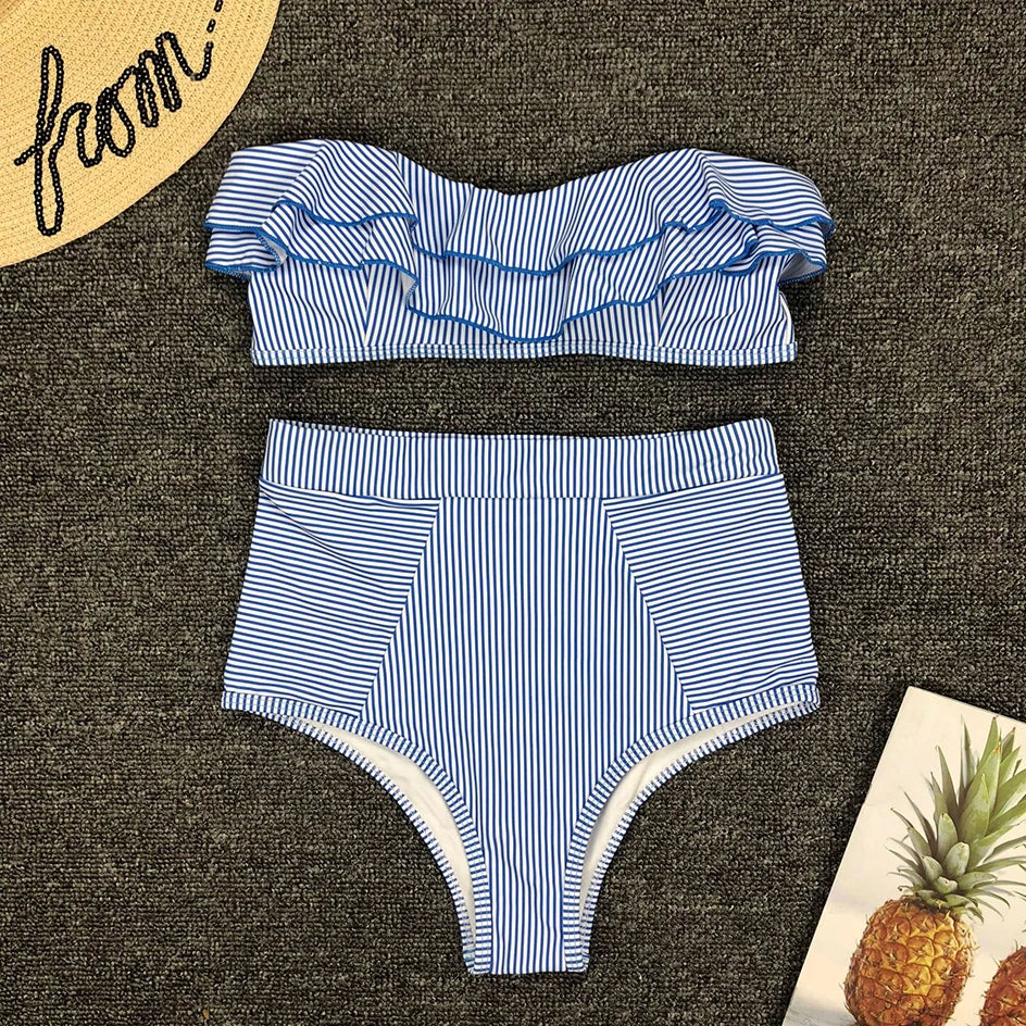 Damen High Waist Bandeau Push-Up Bikini-Set gestreift mit Rüschen, sexy Bademode für Schwimmen und Strand