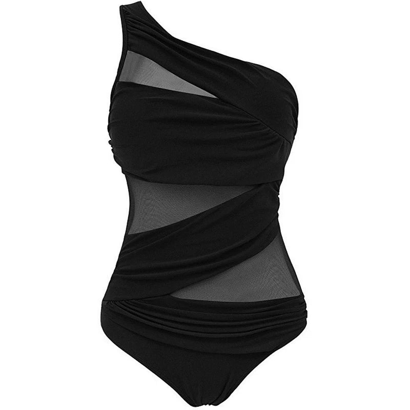 Damen Plus-Size Badeanzug One-Shoulder Schwarz Rot Blau Push-Up Mesh