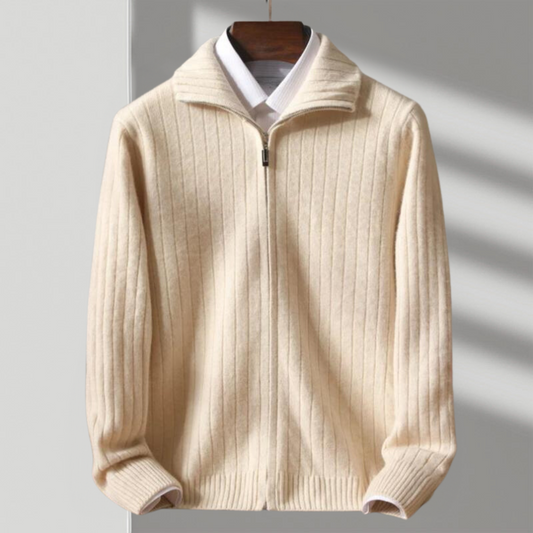 Herren Strickjacke Regular Fit Reißverschluss Wolle Rippstruktur Atmungsaktiv Modern Alltag Elegant