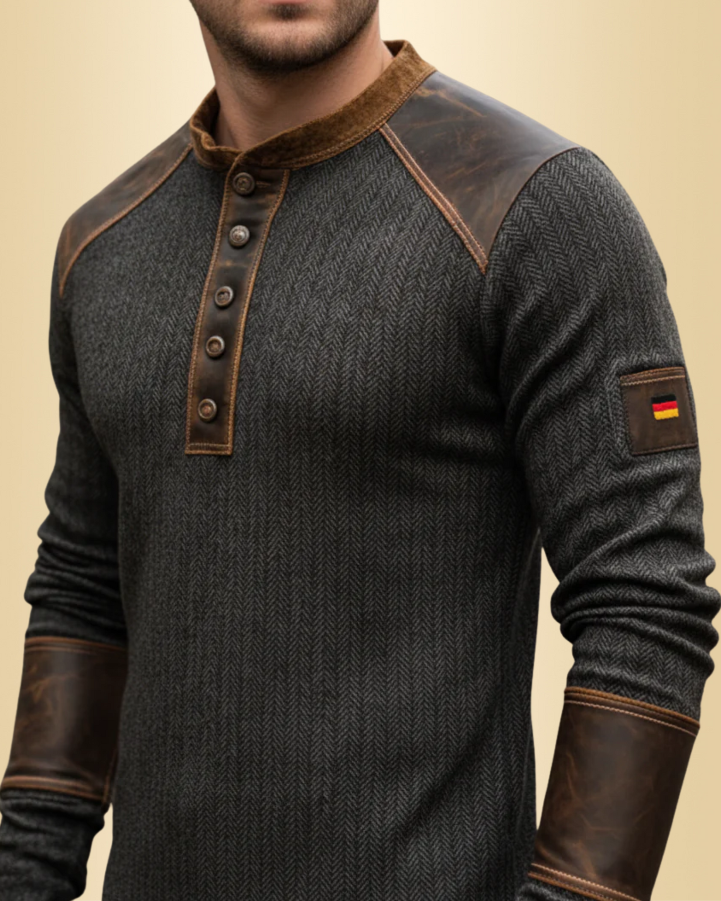 Herren Henley Pullover Vintage Look Knopfleiste Slim Fit Langarm strukturiert