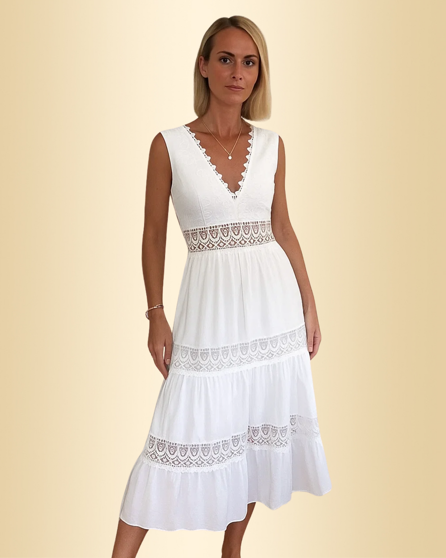 Damen Sommerkleid V-Ausschnitt tailliert Stufenrock Spitze locker Passform