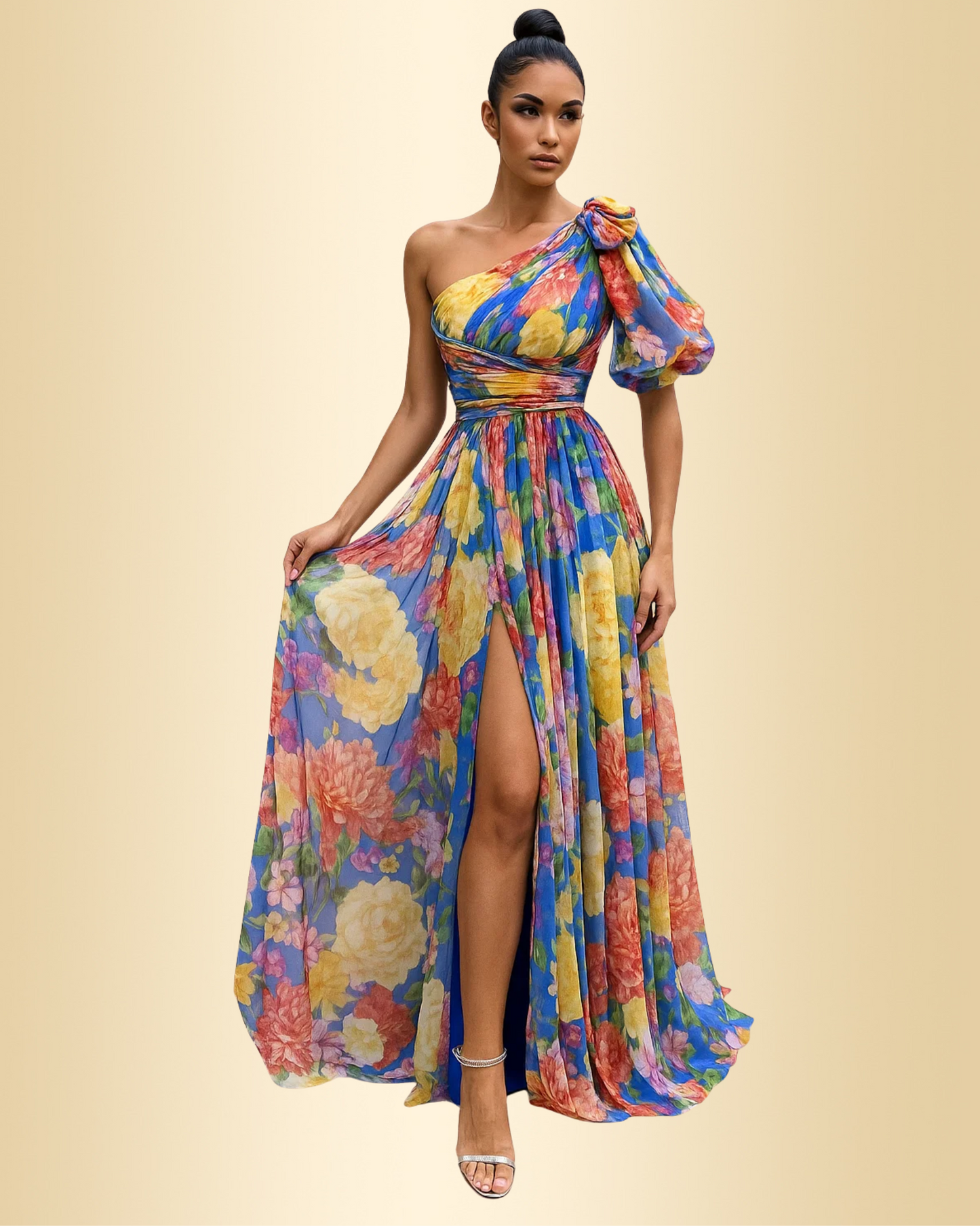 Damen Maxikleid One-Shoulder bedruckt weit schwingend elegant lang