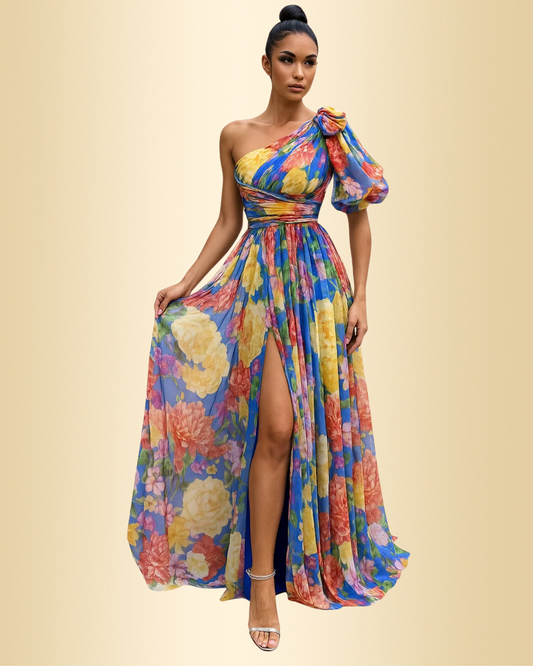 Damen Maxikleid One-Shoulder bedruckt weit schwingend elegant lang