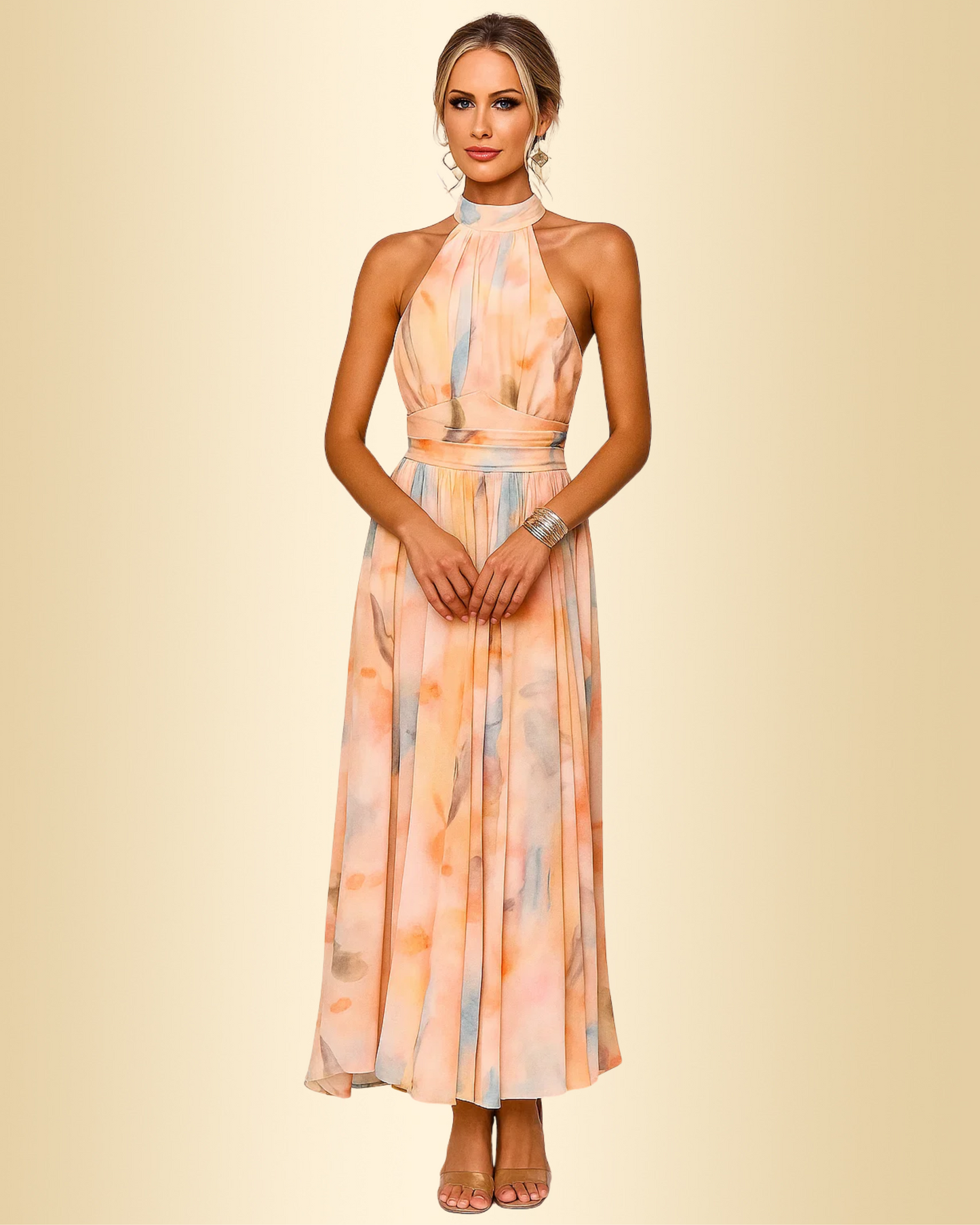 Damen Maxikleid Neckholder offener Rücken hohe Taille fließend elegant
