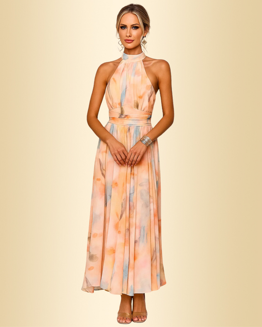 Damen Maxikleid Neckholder offener Rücken hohe Taille fließend elegant