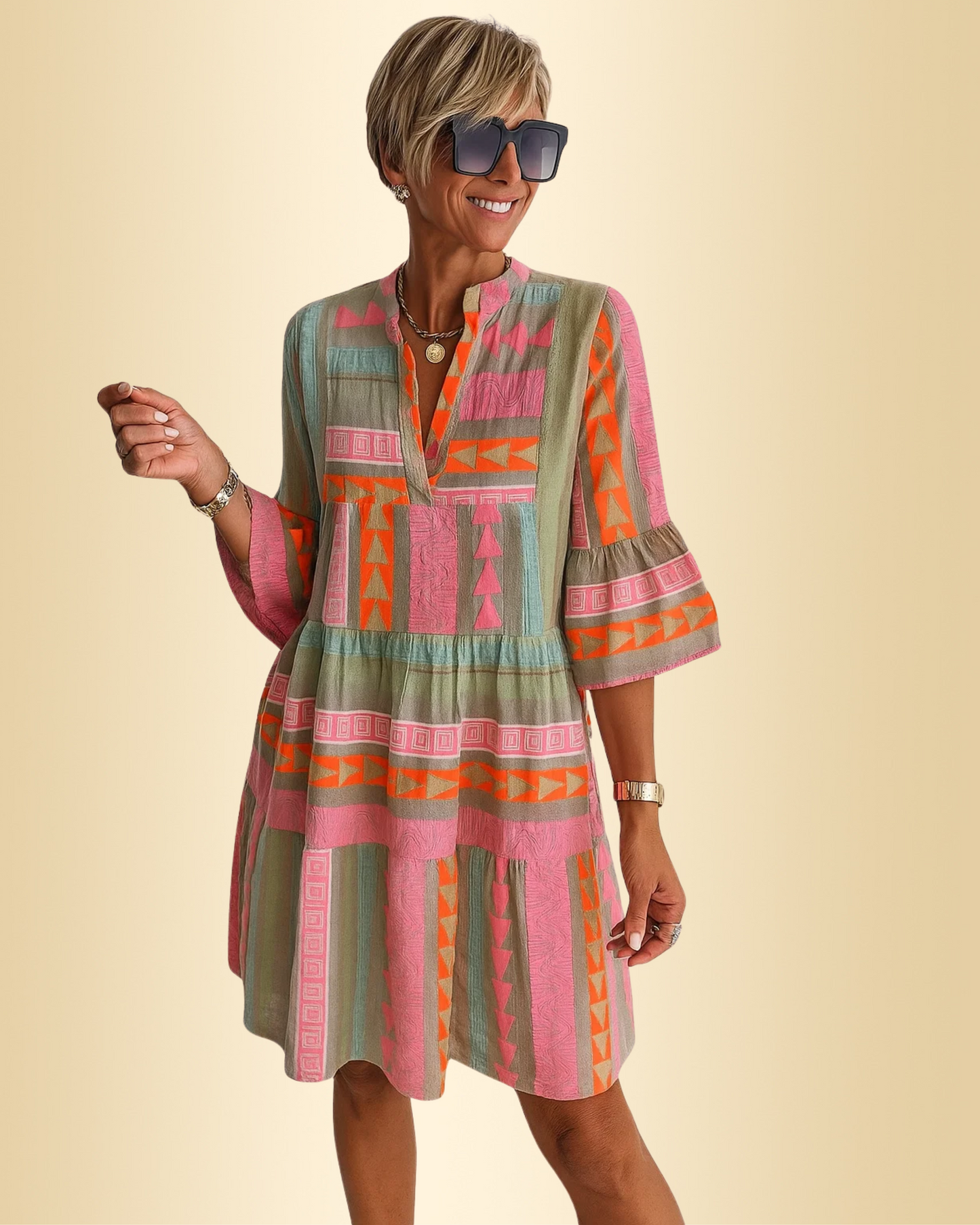Damen Kleid Boho Stufen-Design locker Passform fließend vielseitig bequem