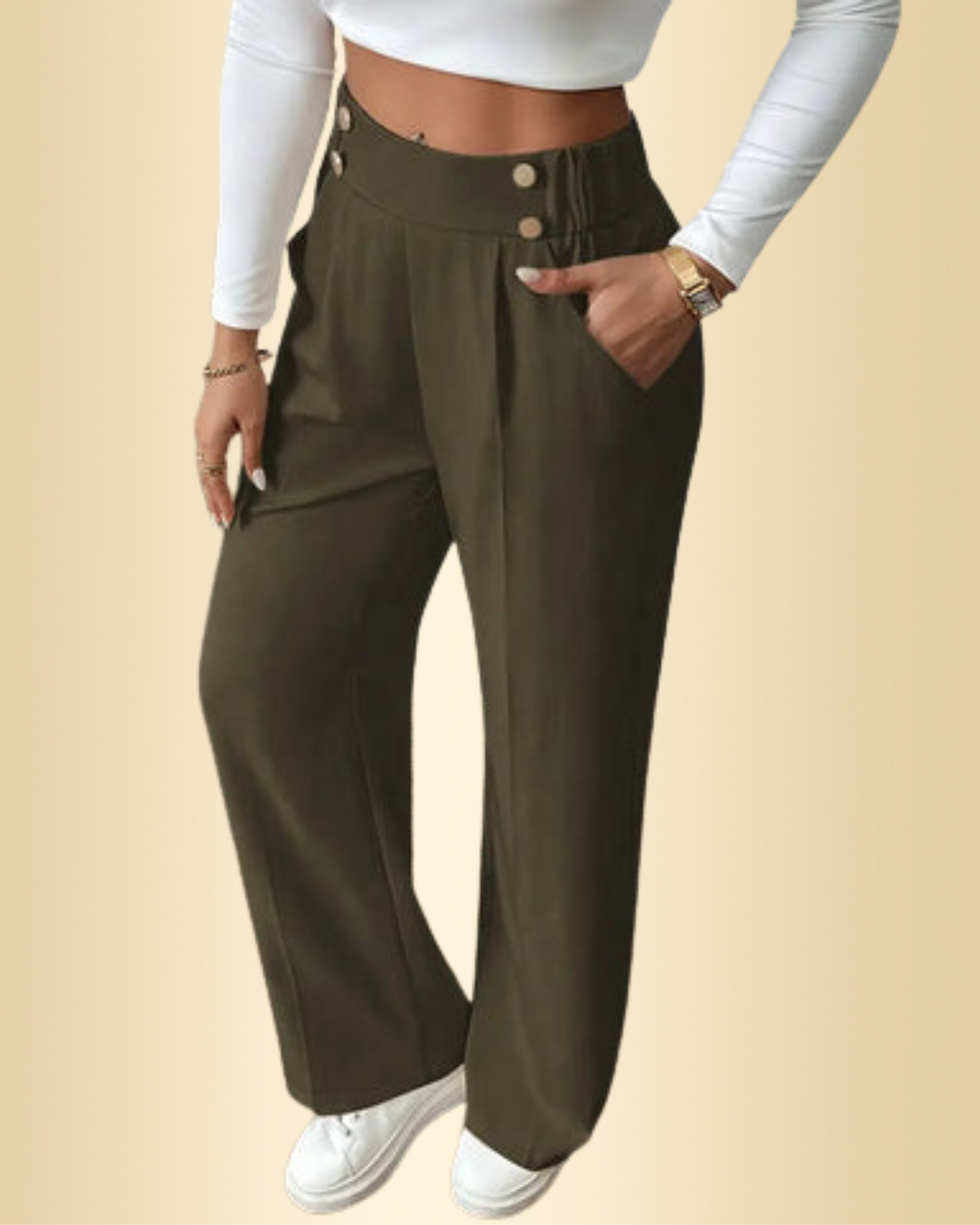 Damen Hose Regular Fit Weites Bein Elastischer Bund Seitentaschen Casual Elegant Alltag Büro