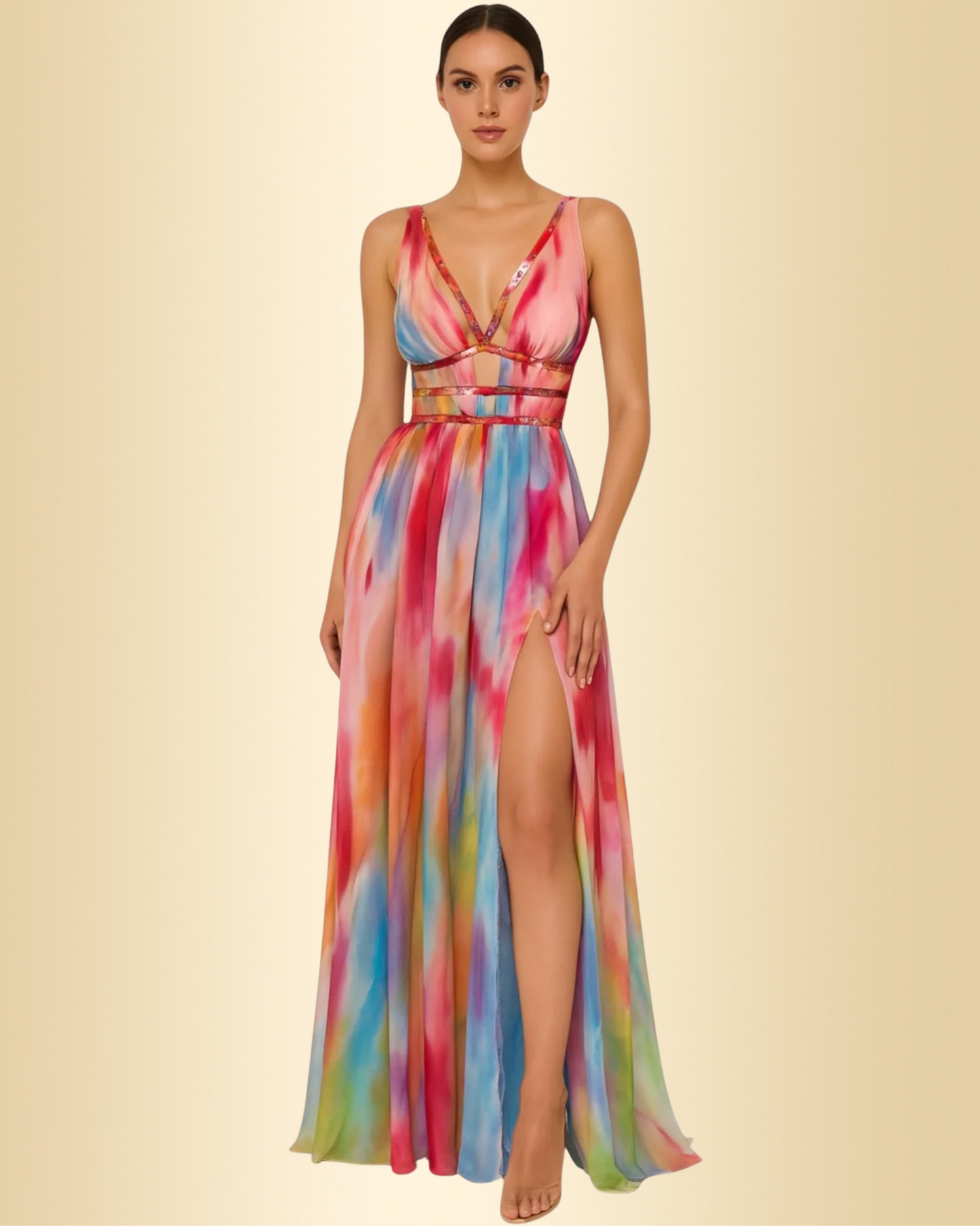 Damen Maxikleid Cut-Outs gemustert fließend leicht figurbetont elegant