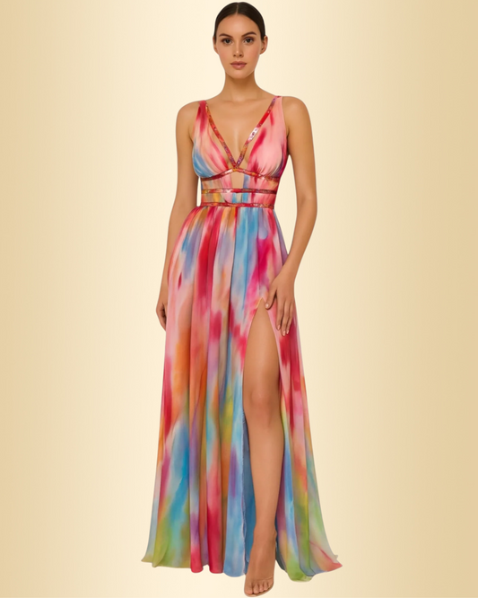 Damen Maxikleid Cut-Outs gemustert fließend leicht figurbetont elegant