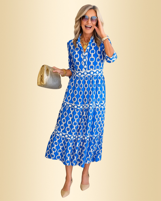 Damen Midikleid Hemdkragen Knopfleiste 3/4 Ärmel tailliert Stufenrock elegant