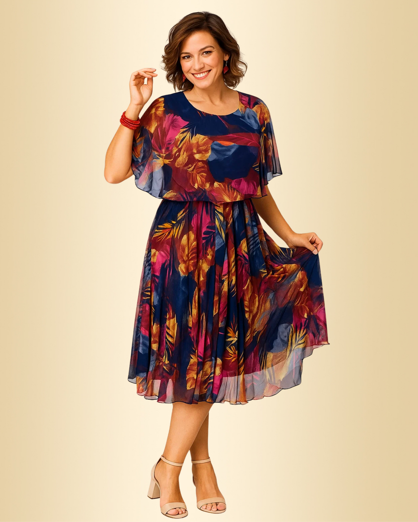 Damen Chiffonkleid leicht luftig ärmellos fließende Passform Sommerkleid mit Print