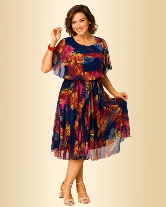 Damen Chiffonkleid leicht luftig ärmellos fließende Passform Sommerkleid mit Print