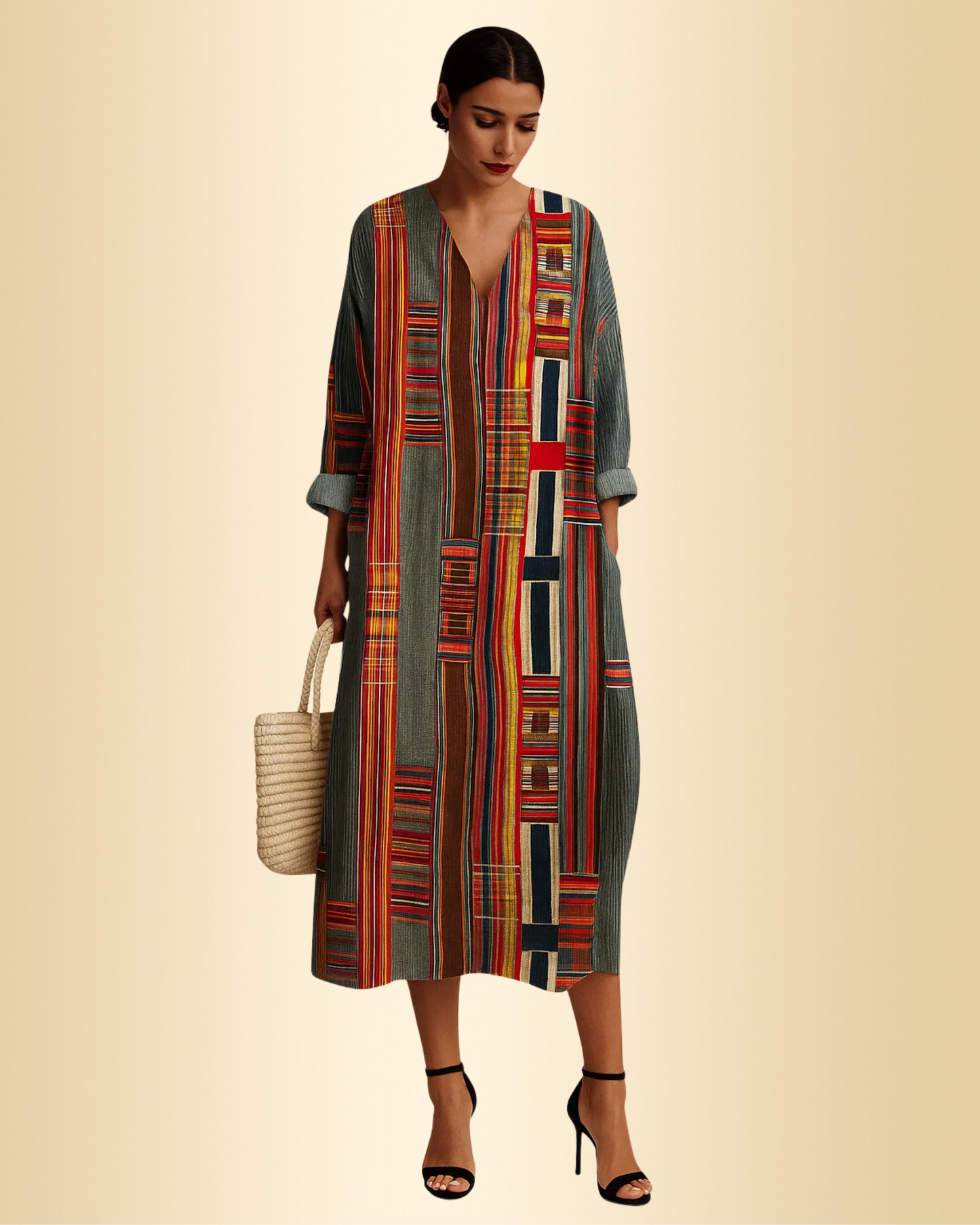 Damen Kleid geometrisch gemustert fließend locker bequem elegant