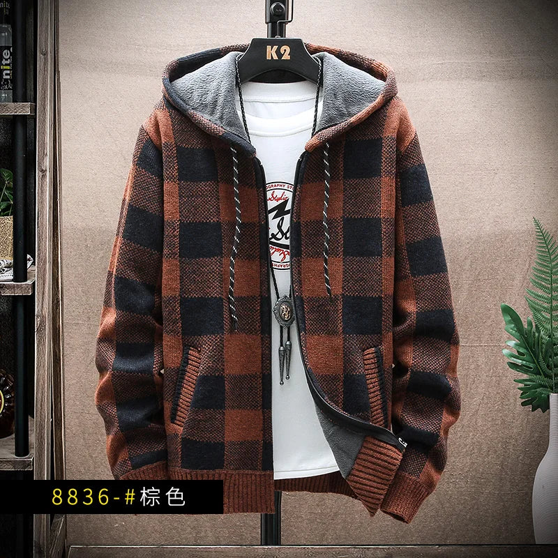 Herren Hoodie karierter Reißverschluss warmes Fleece mit Kapuze bequem
