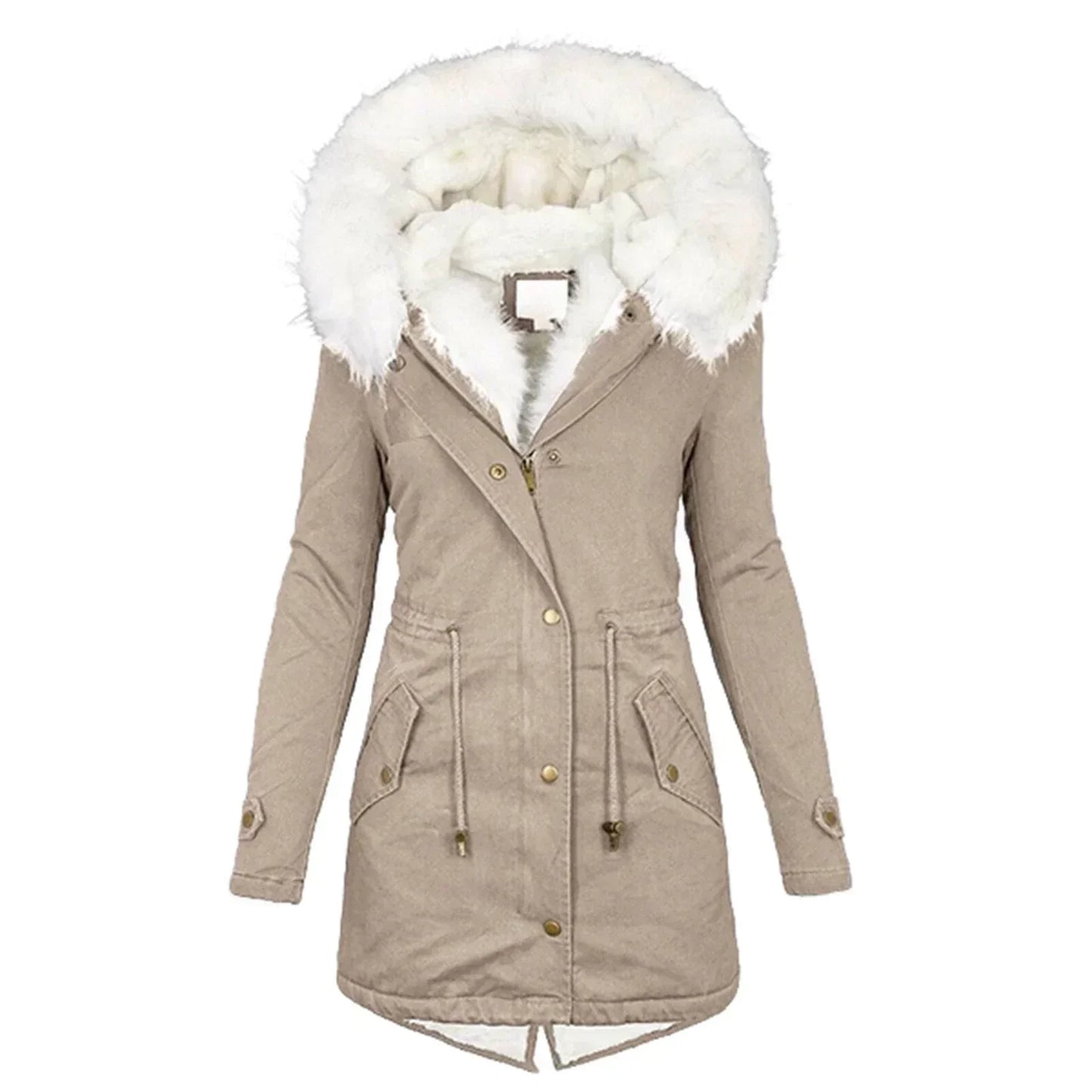 Damen Wintermantel Regular Fit Kapuze Tailliert Warm Gefüttert Winddicht Elegant Freizeit Outdoor