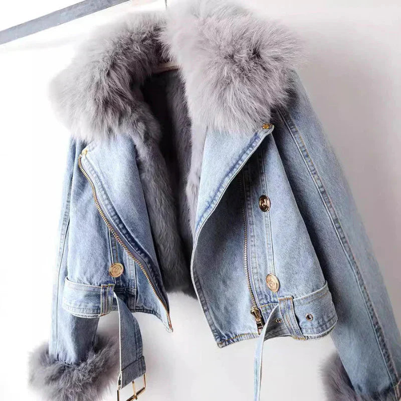 Damen Jeansjacke Kunstpelzkragen warmes Futter strukturierte Passform Reißverschluss