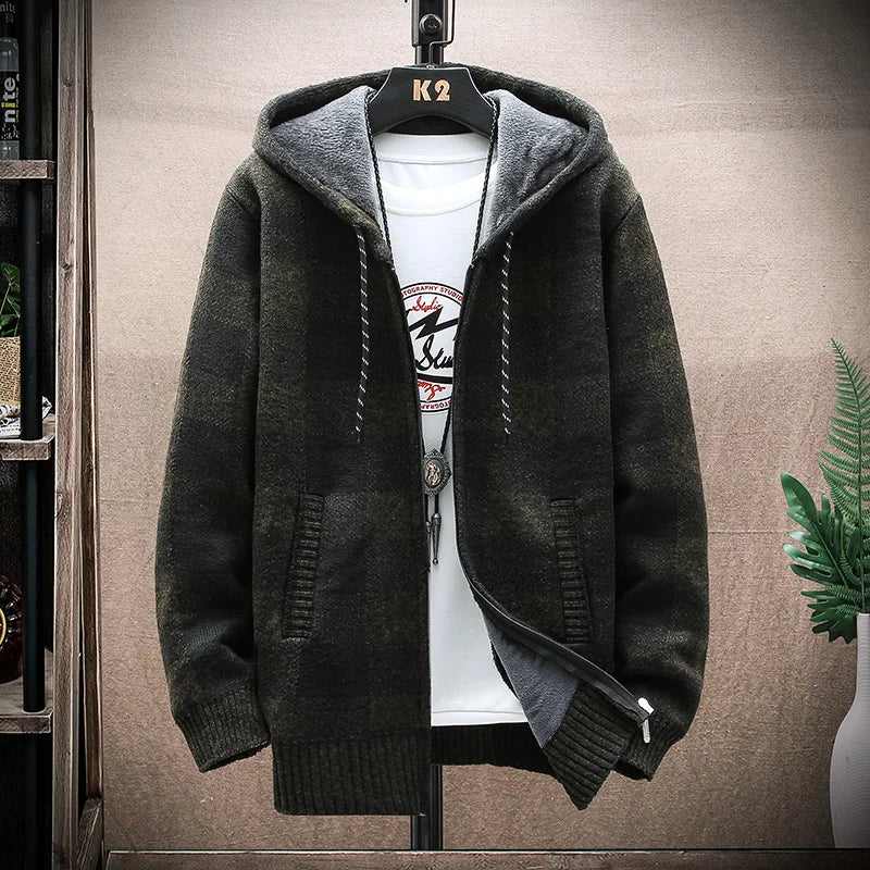 Herren Hoodie karierter Reißverschluss warmes Fleece mit Kapuze bequem