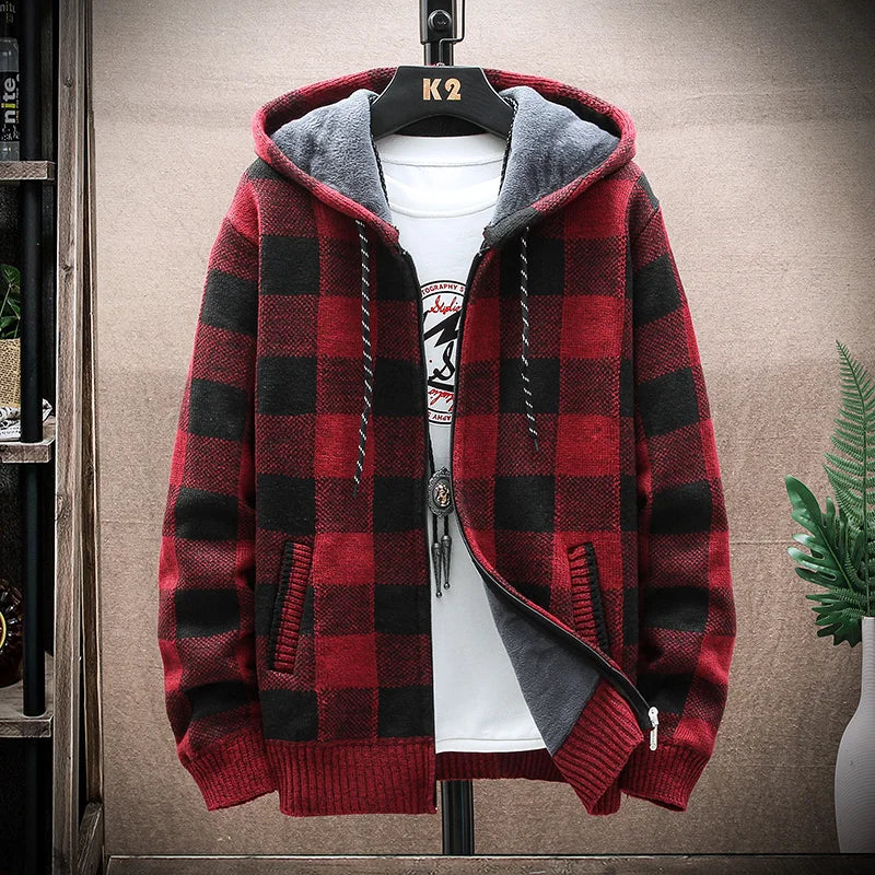 Herren Hoodie karierter Reißverschluss warmes Fleece mit Kapuze bequem