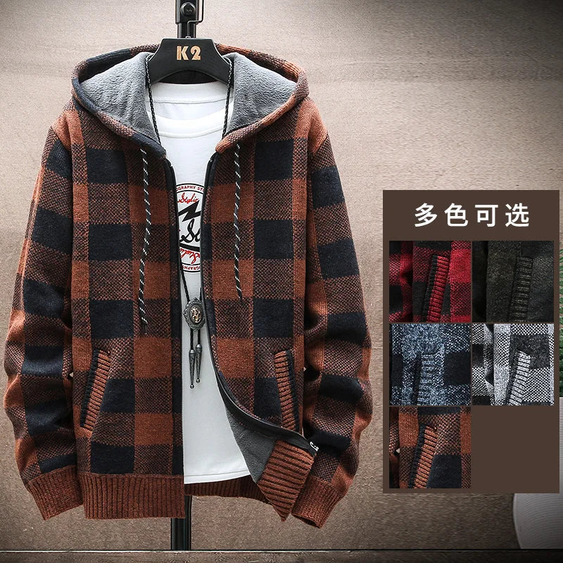 Herren Hoodie karierter Reißverschluss warmes Fleece mit Kapuze bequem