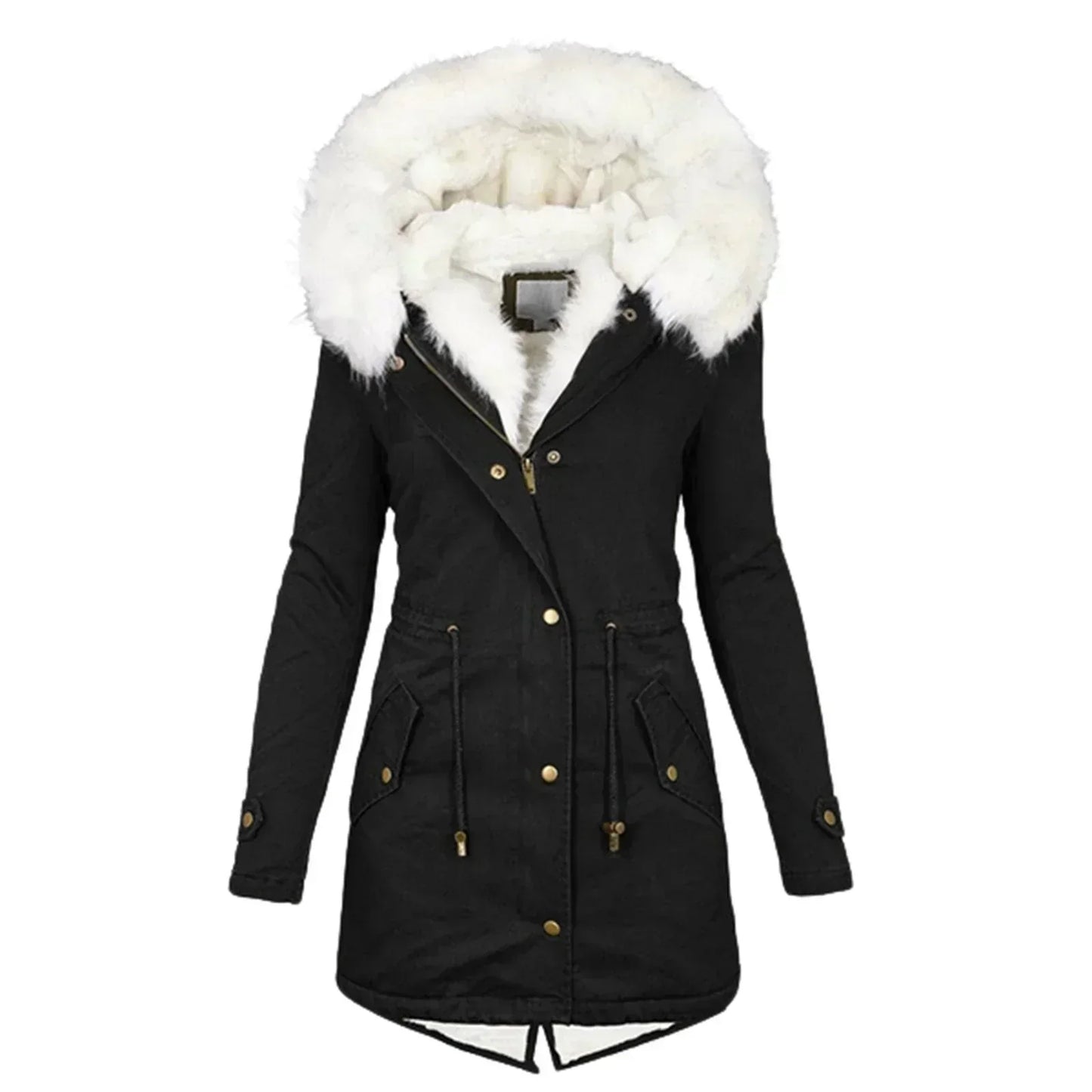 Damen Wintermantel Regular Fit Kapuze Tailliert Warm Gefüttert Winddicht Elegant Freizeit Outdoor