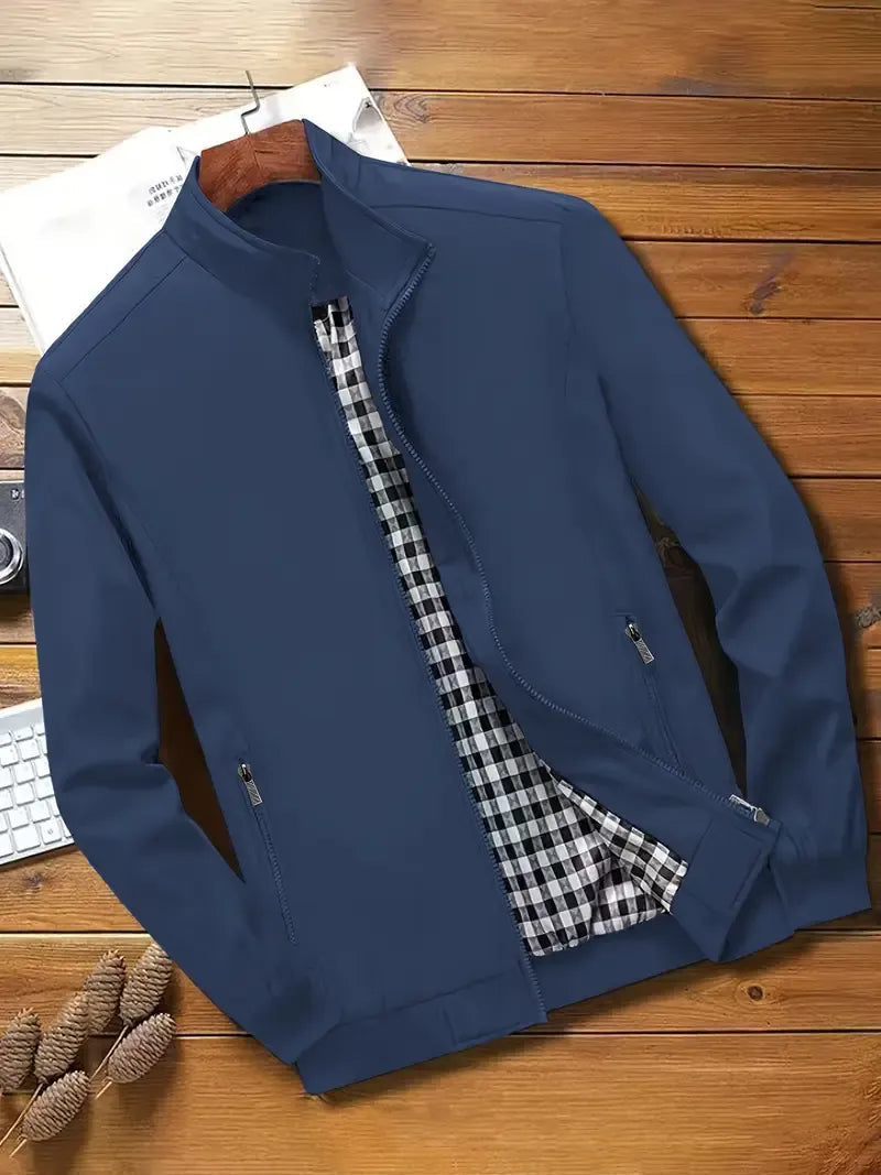 Herren Jacke Langarm Reißverschluss Regular Fit Leicht Kariertes Innenfutter Freizeit Übergangsjacke