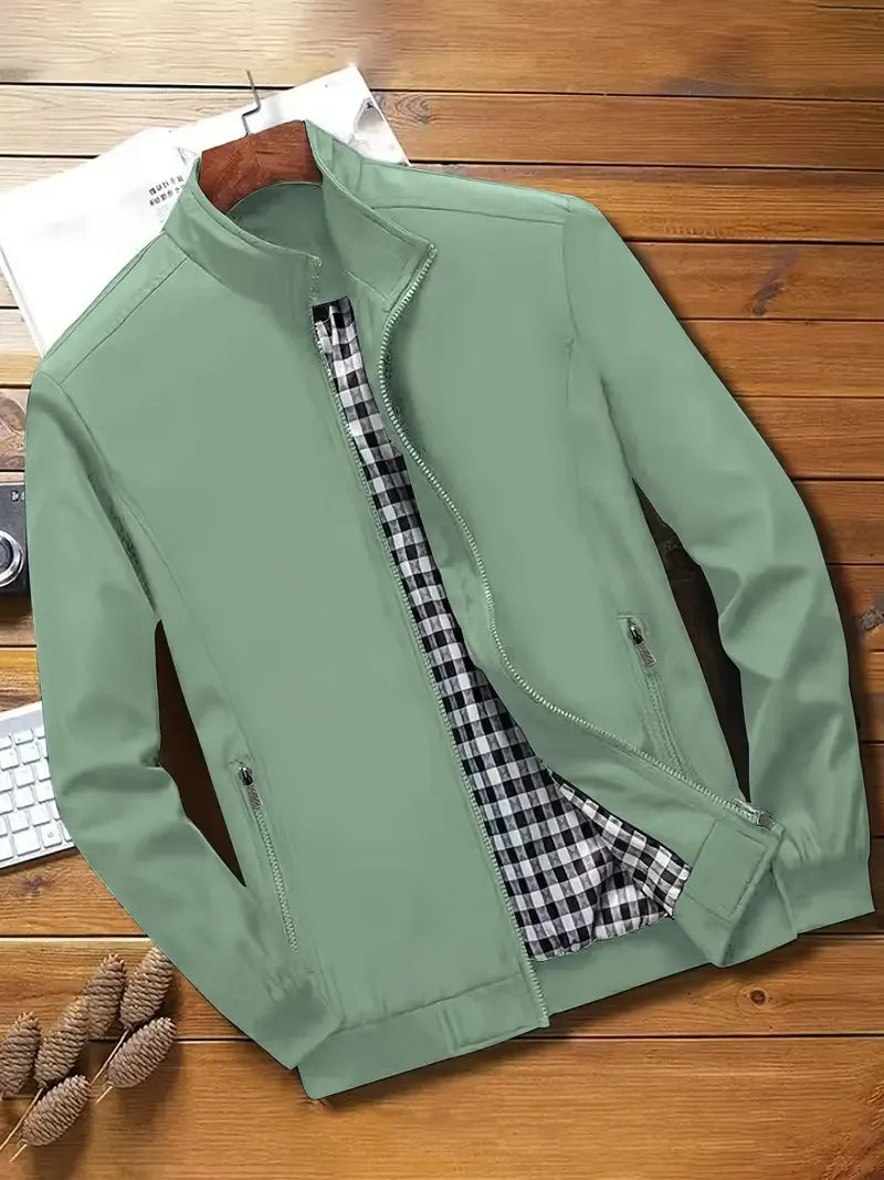 Herren Jacke Langarm Reißverschluss Regular Fit Leicht Kariertes Innenfutter Freizeit Übergangsjacke