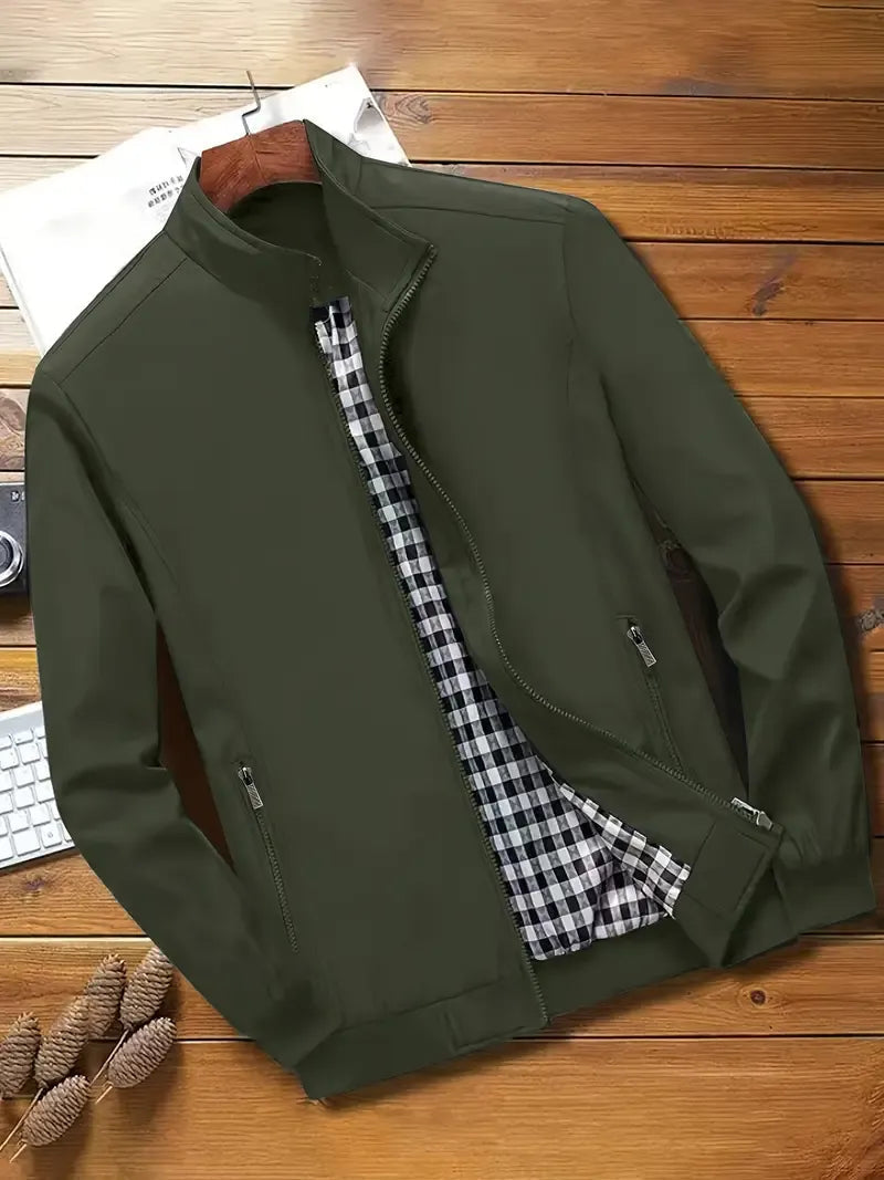 Herren Jacke Langarm Reißverschluss Regular Fit Leicht Kariertes Innenfutter Freizeit Übergangsjacke