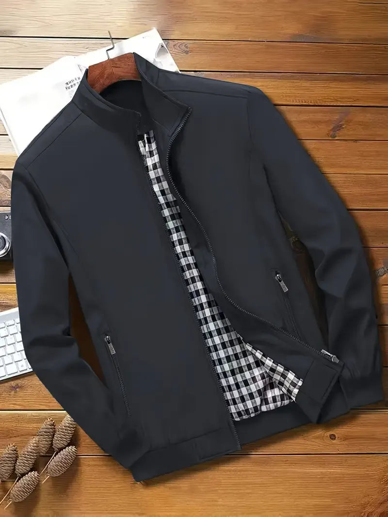 Herren Jacke Langarm Reißverschluss Regular Fit Leicht Kariertes Innenfutter Freizeit Übergangsjacke