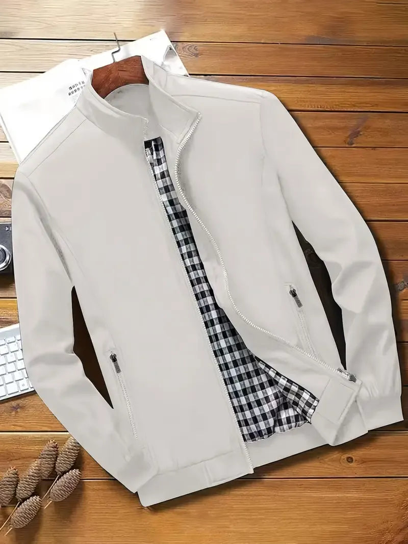 Herren Jacke Langarm Reißverschluss Regular Fit Leicht Kariertes Innenfutter Freizeit Übergangsjacke