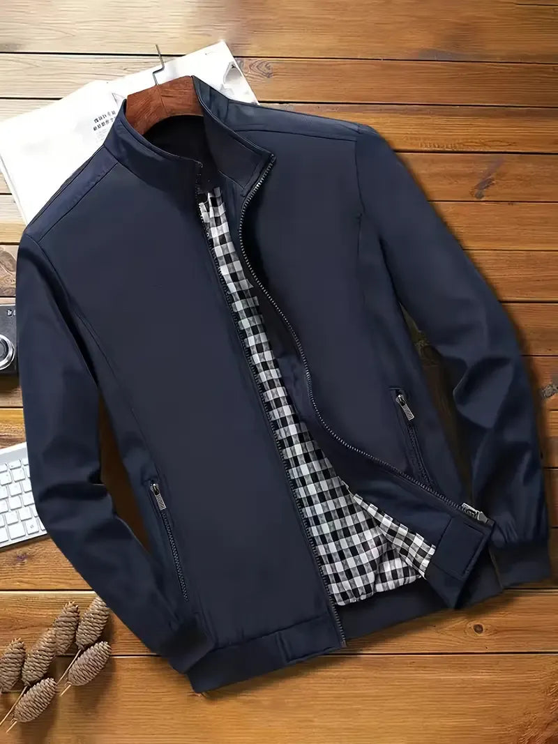 Herren Jacke Langarm Reißverschluss Regular Fit Leicht Kariertes Innenfutter Freizeit Übergangsjacke