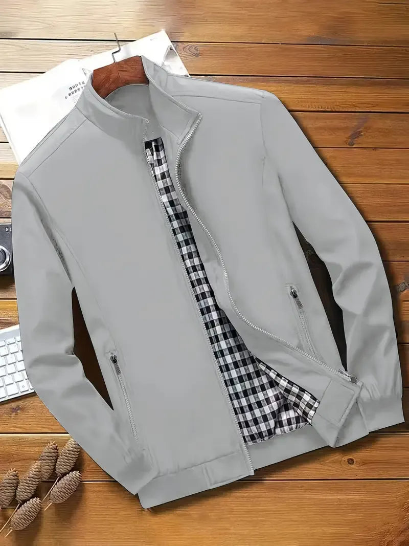 Herren Jacke Langarm Reißverschluss Regular Fit Leicht Kariertes Innenfutter Freizeit Übergangsjacke