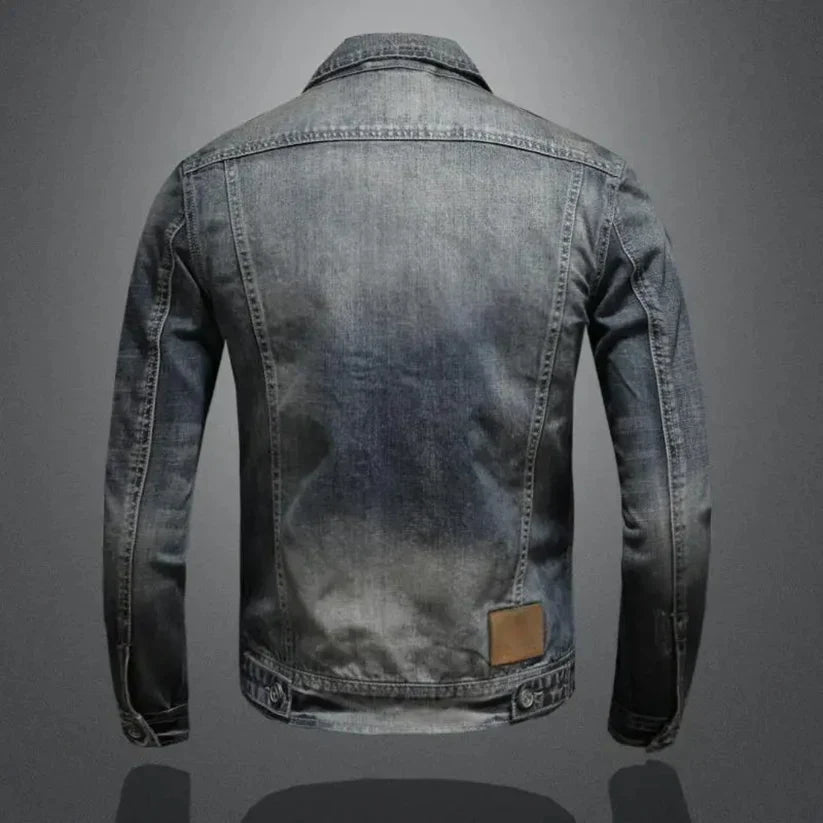 Herren Jeansjacke Blau Verwaschener Look Umlegekragen Doppelverschluss Mehrere Taschen Reguläre Passform