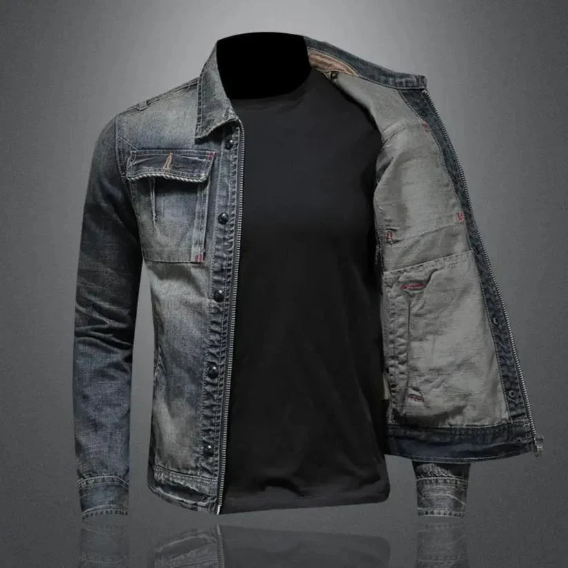 Herren Jeansjacke Blau Verwaschener Look Umlegekragen Doppelverschluss Mehrere Taschen Reguläre Passform