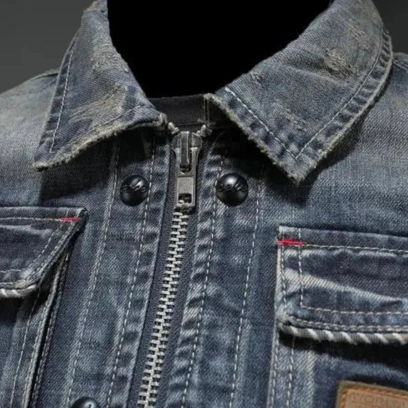 Herren Jeansjacke Blau Verwaschener Look Umlegekragen Doppelverschluss Mehrere Taschen Reguläre Passform