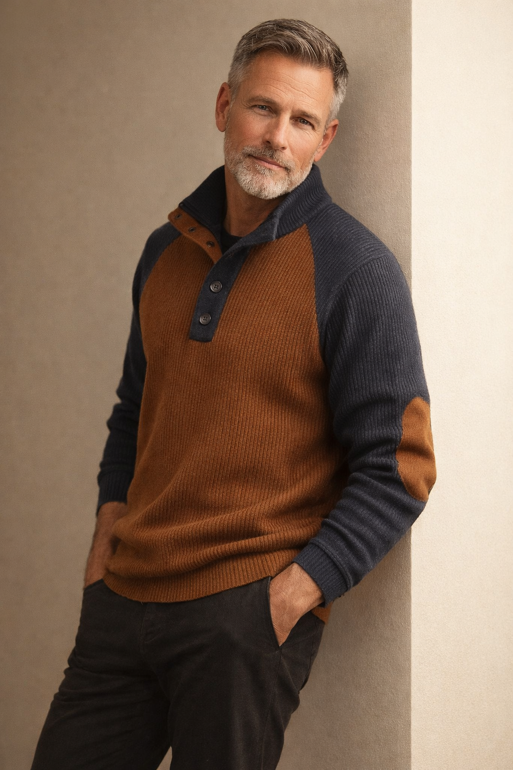 Herren Strickpullover Stehkragen Langarm Kontrast Patches bequem