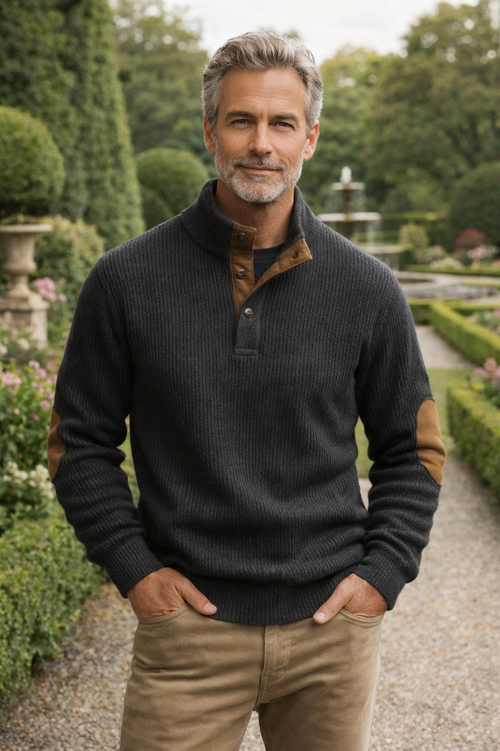 Herren Strickpullover Stehkragen Langarm Kontrast Patches bequem